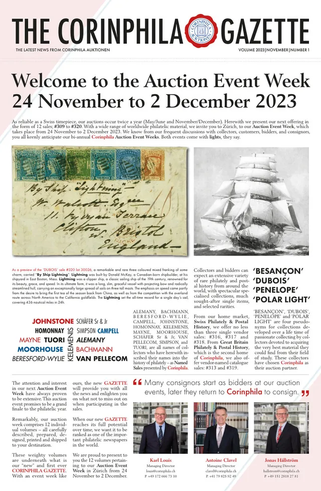 Titelseite: Corinphila Gazette, November 2023