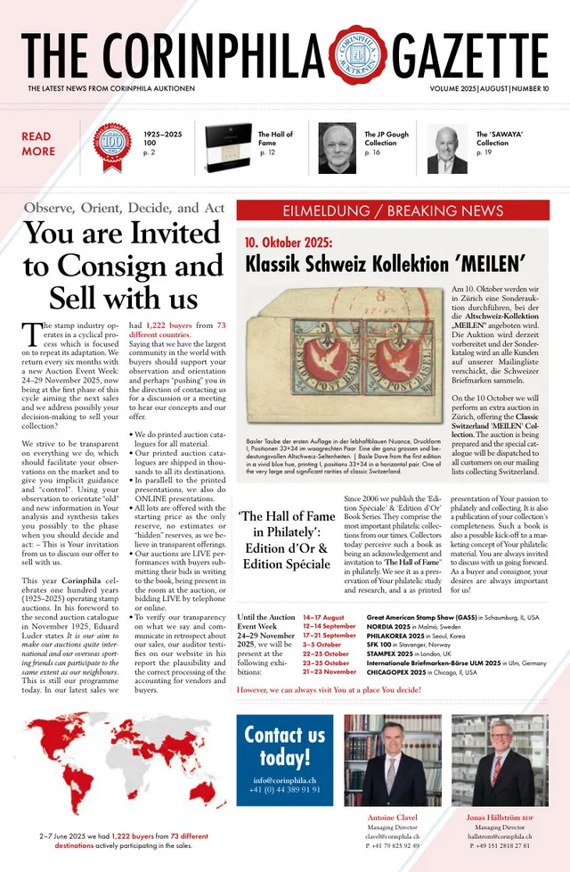 Titelseite: Corinphila Gazette, August 2025