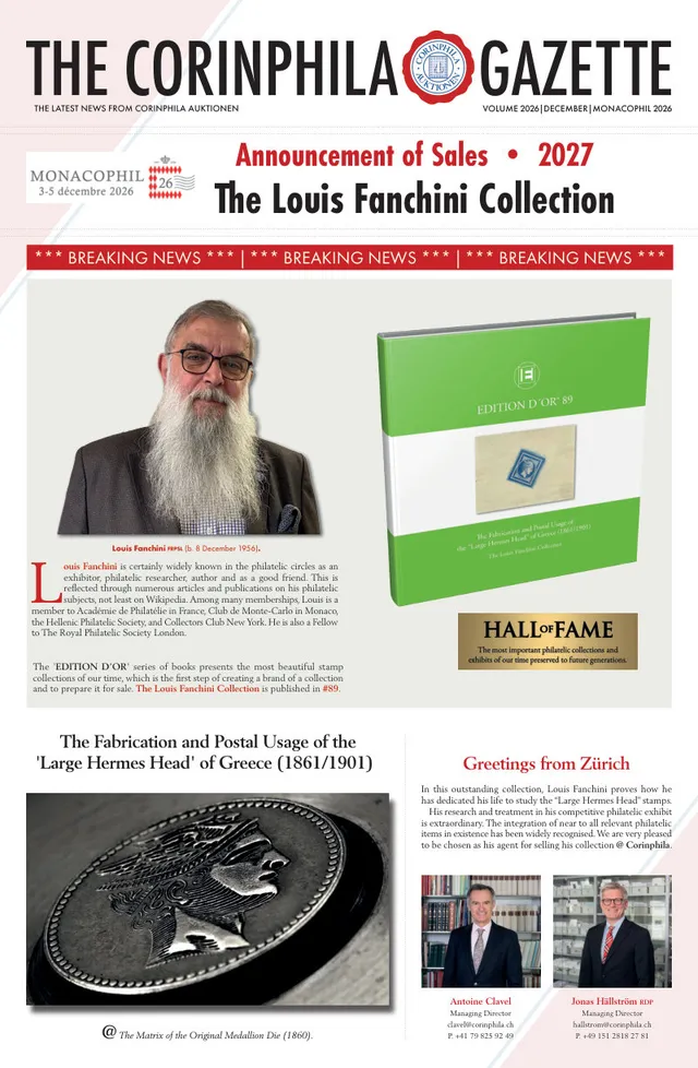 Titelseite: Corinphila Gazette, Dezember 2026 – MonacoPhil 2026
