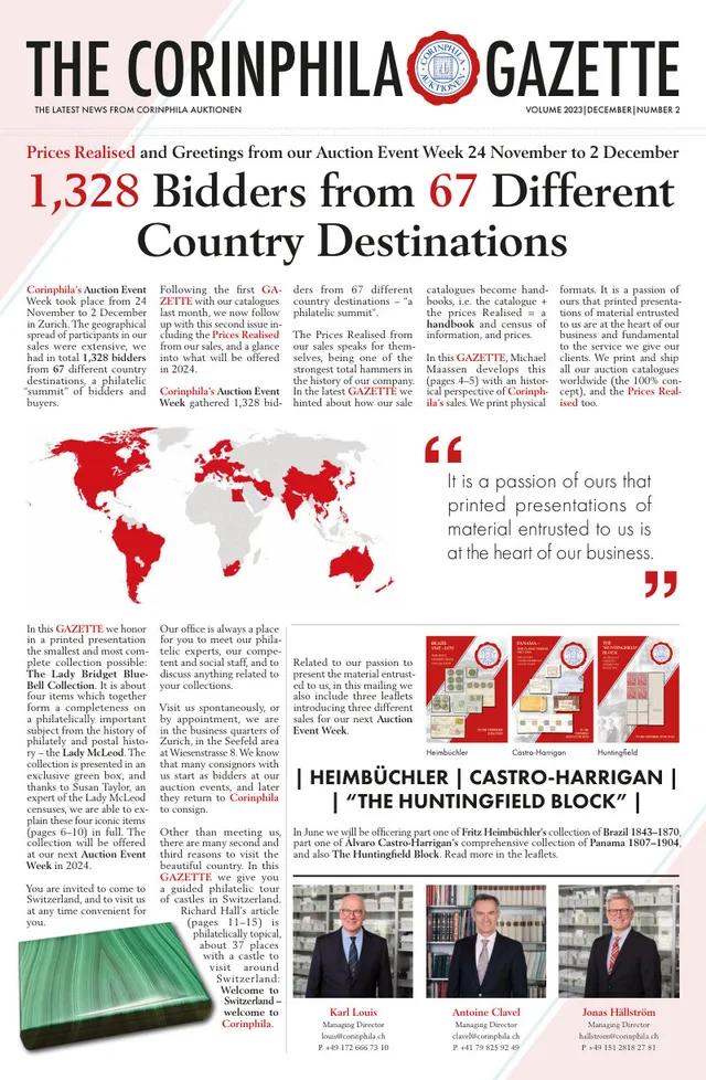 Titelseite: Corinphila Gazette, Dezember 2023