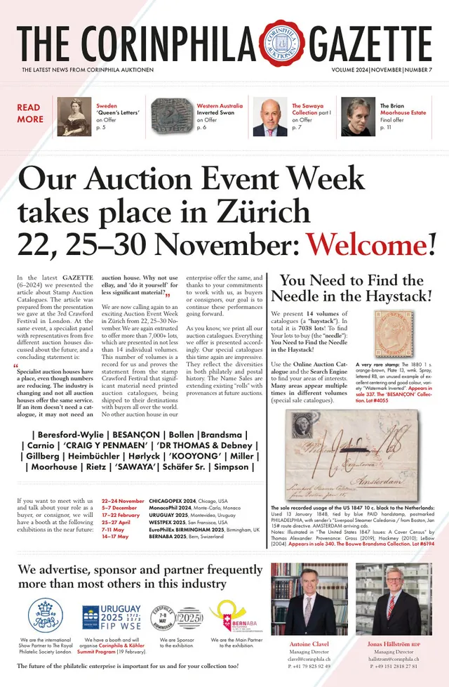 Titelseite: Corinphila Gazette, November 2024