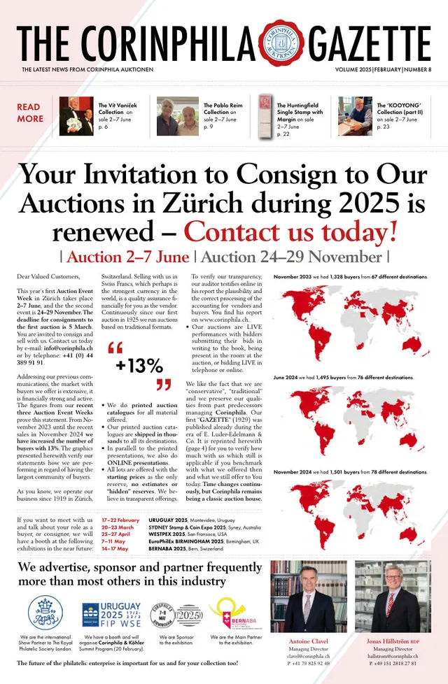 Titelseite: Corinphila Gazette, Februar 2025
