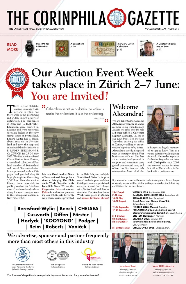 Titelseite: Corinphila Gazette, Mai 2025